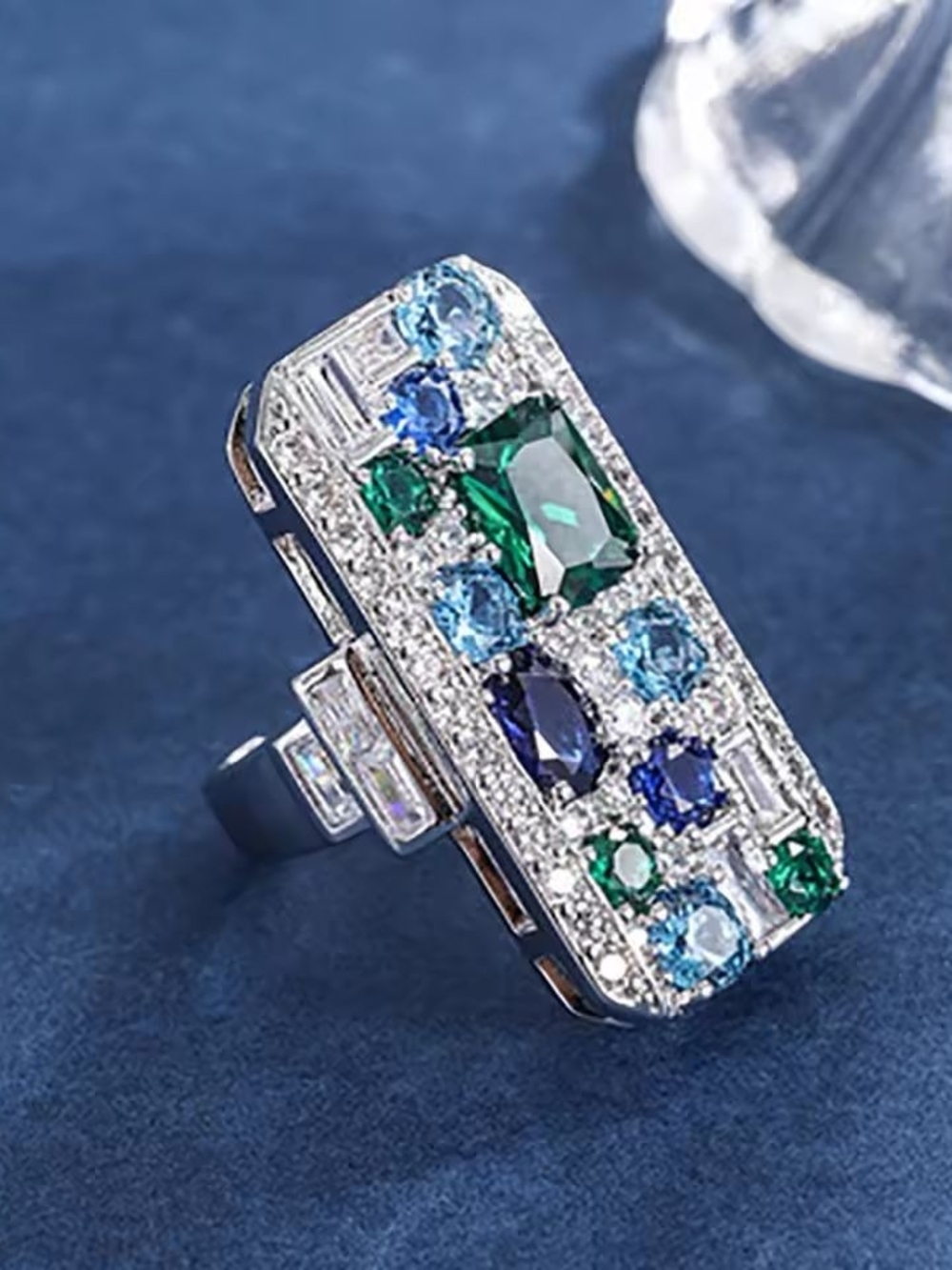 Silver-Tone Ring with Blue and Green Gemstones